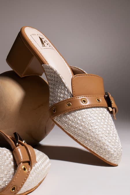 House Of Vian_White Buckles Juliet Basket Weave Pattern Block Heeled Mules _Online_at_Aza_Fashions