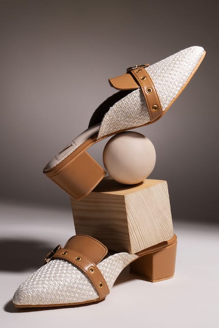 Buy_House Of Vian_White Buckles Juliet Basket Weave Pattern Block Heeled Mules _Online_at_Aza_Fashions