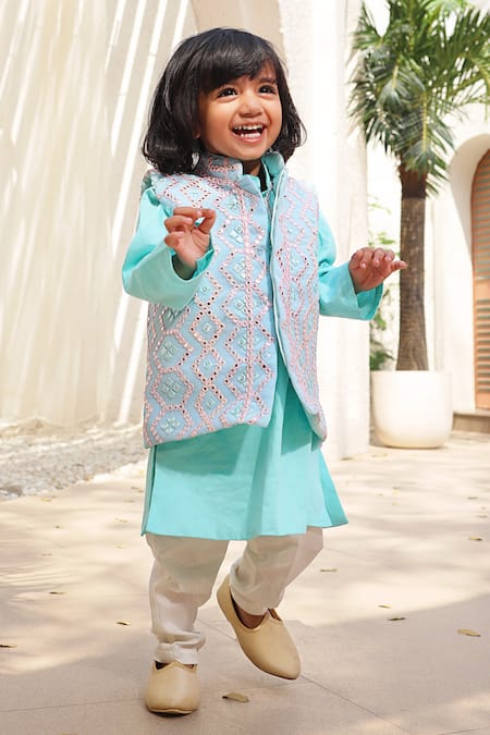 FAYON KIDS Blue Georgette Embroidered Mirror Nehru Jacket Set 