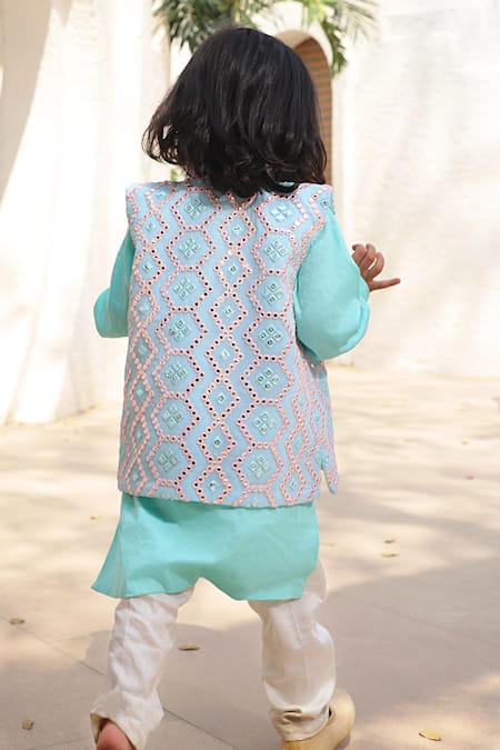 Shop Fayon Kids Blue Georgette, Cotton Mirrors Work Nehru Jacket Set at Aza Fashions Shop_Fayon Kids_Blue Georgette, Cotton Mirrors Work Nehru Jacket Set _at_Aza_Fashions