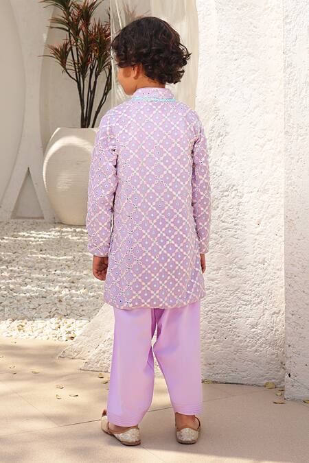 Shop_Fayon Kids_Purple Georgette, Crepe Mirrors Embroidered Kurta With Salwar _at_Aza_Fashions