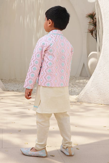 Shop Fayon Kids Pink Georgette, Cotton Mirrors, Embroidery Jacket With Kurta Set at Aza Fashions Shop_Fayon Kids_Pink Georgette, Cotton Mirrors, Embroidery Jacket With Kurta Set _at_Aza_Fashions