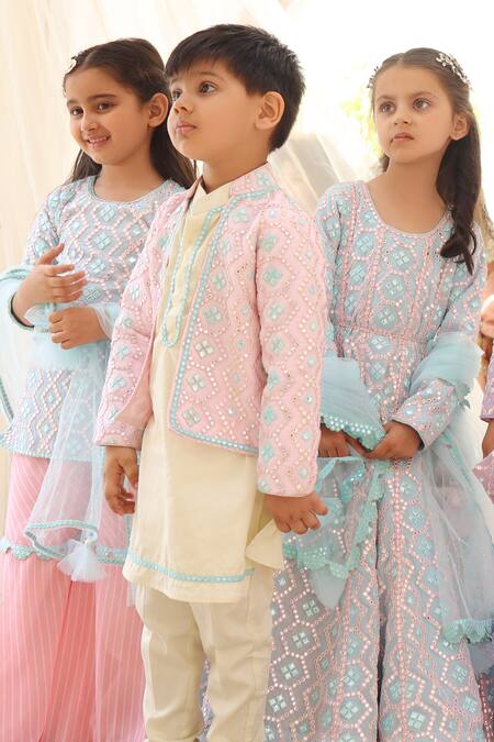 Fayon Kids Pink Georgette, Cotton Mirrors, Embroidery Jacket With Kurta Set Online at Aza Fashions Fayon Kids_Pink Georgette, Cotton Mirrors, Embroidery Jacket With Kurta Set _Online_at_Aza_Fashions