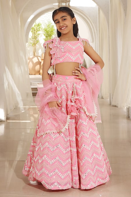 FAYON KIDS Pink Lehenga And Blouse Georgette Embroidered Mirror Geometric Set 