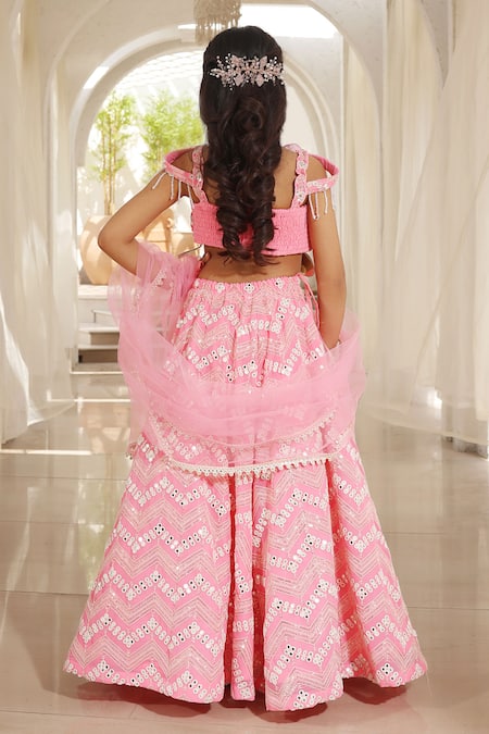 Shop Fayon Kids Pink Georgette, Net Mirrors, Pearls, Beads Geometric Embroidered Lehenga Set at Aza Fashions Shop_Fayon Kids_Pink Georgette, Net Mirrors, Pearls, Beads Geometric Embroidered Lehenga Set _at_Aza_Fashions