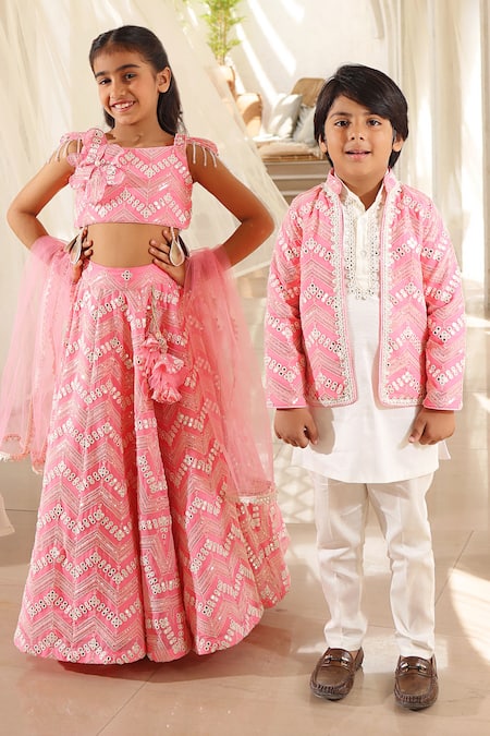 Fayon Kids Pink Georgette, Net Mirrors, Pearls, Beads Geometric Embroidered Lehenga Set Online at Aza Fashions Fayon Kids_Pink Georgette, Net Mirrors, Pearls, Beads Geometric Embroidered Lehenga Set _Online_at_Aza_Fashions
