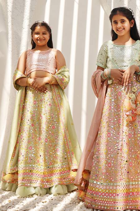 Fayon Kids_Green Georgette Sequins, Mirrors, Embroidery Lehenga Set _Online_at_Aza_Fashions
