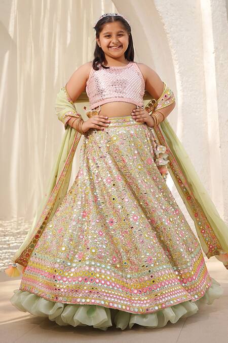 Buy_Fayon Kids_Green Georgette Sequins, Mirrors, Embroidery Lehenga Set _Online_at_Aza_Fashions