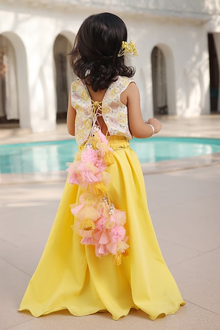 Shop Fayon Kids Yellow Cotton, Crepe Tassels, Embroidery Mirror Crop Top With Palazzo at Aza Fashions Shop_Fayon Kids_Yellow Cotton, Crepe Tassels, Embroidery Mirror Crop Top With Palazzo _at_Aza_Fashions