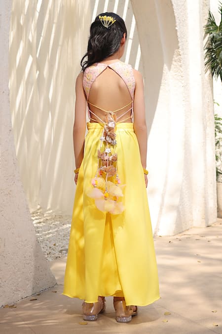 Shop Fayon Kids Yellow Crepe, Cotton Lace, Embroidery Thread Crop Top With Palazzo at Aza Fashions Shop_Fayon Kids_Yellow Crepe, Cotton Lace, Embroidery Thread Crop Top With Palazzo _at_Aza_Fashions