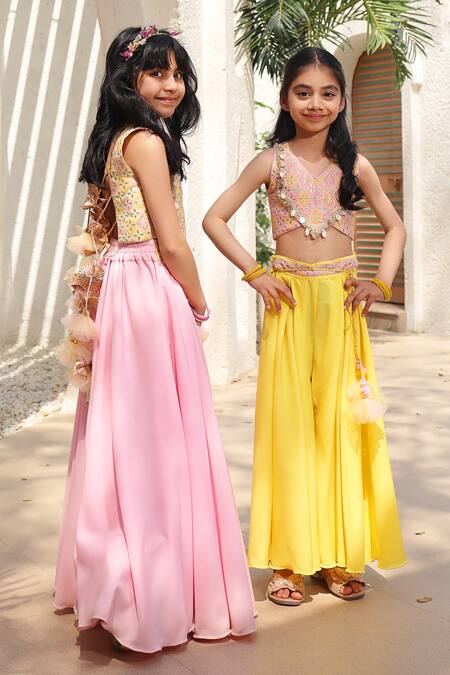 Fayon Kids Yellow Crepe, Cotton Lace, Embroidery Thread Crop Top With Palazzo Online at Aza Fashions Fayon Kids_Yellow Crepe, Cotton Lace, Embroidery Thread Crop Top With Palazzo _Online_at_Aza_Fashions