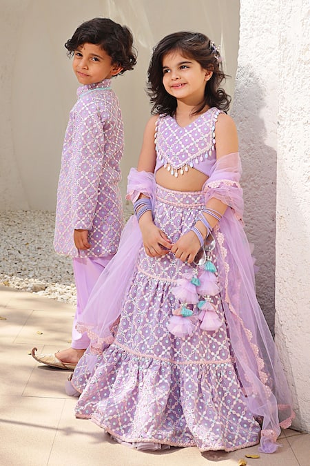 Fayon Kids_Purple Georgette, Net Mirrors, Beads Geometric Embroidered Tiered Lehenga Set _Online_at_Aza_Fashions