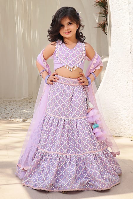 Buy_Fayon Kids_Purple Georgette, Net Mirrors, Beads Geometric Embroidered Tiered Lehenga Set _Online_at_Aza_Fashions