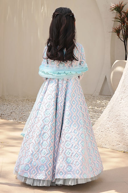 Shop Fayon Kids Blue Georgette, Net Tassels, Mirrors Embroidered Anarkali With Dupatta at Aza Fashions Shop_Fayon Kids_Blue Georgette, Net Tassels, Mirrors Embroidered Anarkali With Dupatta _at_Aza_Fashions