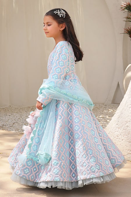 Fayon Kids Blue Georgette, Net Tassels, Mirrors Embroidered Anarkali With Dupatta Online at Aza Fashions Fayon Kids_Blue Georgette, Net Tassels, Mirrors Embroidered Anarkali With Dupatta _Online_at_Aza_Fashions