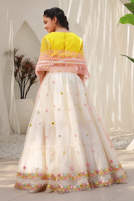 Shop Fayon Kids Ivory Net Mirrors Embroidered Lehenga Set at Aza Fashions Shop_Fayon Kids_Ivory Net Mirrors Embroidered Lehenga Set _at_Aza_Fashions