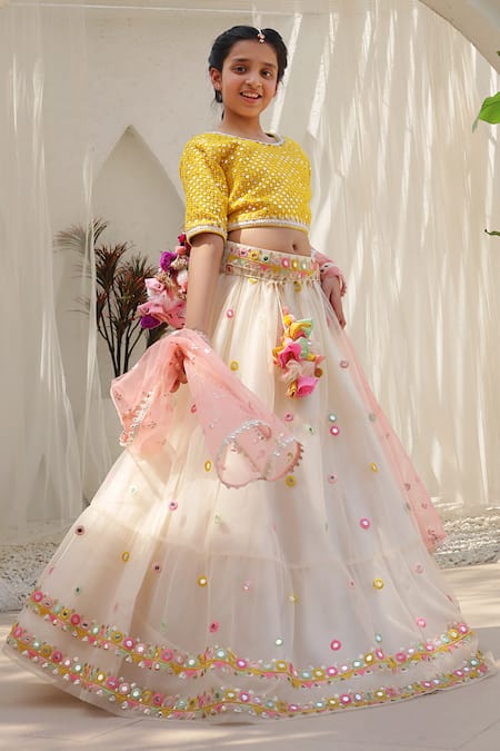 Buy Fayon Kids Ivory Net Mirrors Embroidered Lehenga Set Online at Aza Fashions Buy_Fayon Kids_Ivory Net Mirrors Embroidered Lehenga Set _Online_at_Aza_Fashions
