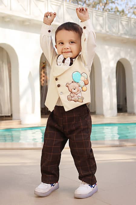 Fayon Kids White Cotton, Suede Embroidery Beige Motif Waistcoat Set Online at Aza Fashions Fayon Kids_White Cotton, Suede Embroidery Beige Motif Waistcoat Set _Online_at_Aza_Fashions