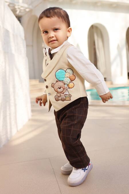 Buy Fayon Kids White Cotton, Suede Embroidery Beige Motif Waistcoat Set Online at Aza Fashions Buy_Fayon Kids_White Cotton, Suede Embroidery Beige Motif Waistcoat Set _Online_at_Aza_Fashions