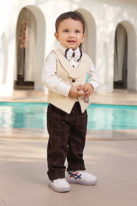 Shop Fayon Kids White Cotton, Suede Embroidery Beige Motif Waistcoat Set Online at Aza Fashions Shop_Fayon Kids_White Cotton, Suede Embroidery Beige Motif Waistcoat Set _Online_at_Aza_Fashions