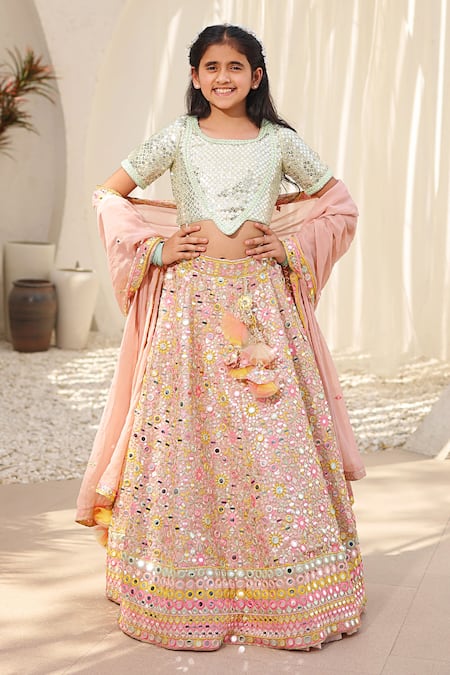 FAYON KIDS Mirror & Thread Embroidered Lehenga Set 