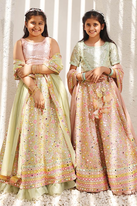 Fayon Kids Peach Georgette Mirrors, Embroidery And Thread Lehenga Set Online at Aza Fashions Fayon Kids_Peach Georgette Mirrors, Embroidery And Thread Lehenga Set _Online_at_Aza_Fashions