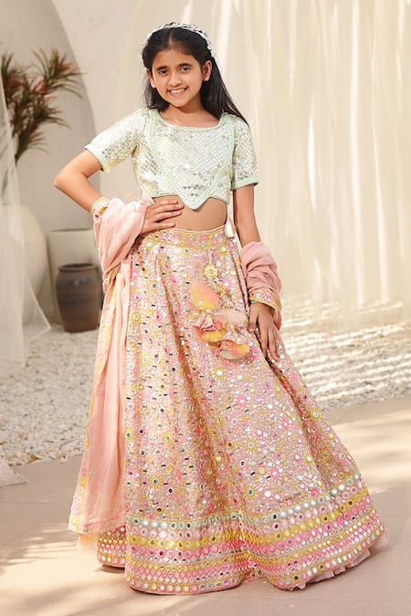 Buy Fayon Kids Peach Georgette Mirrors, Embroidery And Thread Lehenga Set Online at Aza Fashions Buy_Fayon Kids_Peach Georgette Mirrors, Embroidery And Thread Lehenga Set _Online_at_Aza_Fashions