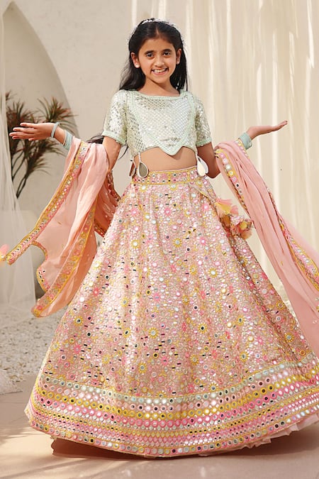 Shop Fayon Kids Peach Georgette Mirrors, Embroidery And Thread Lehenga Set Online at Aza Fashions Shop_Fayon Kids_Peach Georgette Mirrors, Embroidery And Thread Lehenga Set _Online_at_Aza_Fashions