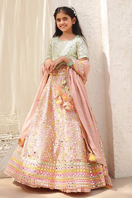 Fayon Kids Peach Georgette Mirrors, Embroidery And Thread Lehenga Set at Aza Fashions Fayon Kids_Peach Georgette Mirrors, Embroidery And Thread Lehenga Set _at_Aza_Fashions