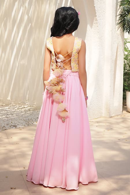 Shop Fayon Kids Pink Cotton, Crepe Embroidery, Tassels Sharara And Blouse Set at Aza Fashions Shop_Fayon Kids_Pink Cotton, Crepe Embroidery, Tassels Sharara And Blouse Set _at_Aza_Fashions