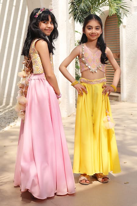 Fayon Kids Pink Cotton, Crepe Embroidery, Tassels Sharara And Blouse Set Online at Aza Fashions Fayon Kids_Pink Cotton, Crepe Embroidery, Tassels Sharara And Blouse Set _Online_at_Aza_Fashions