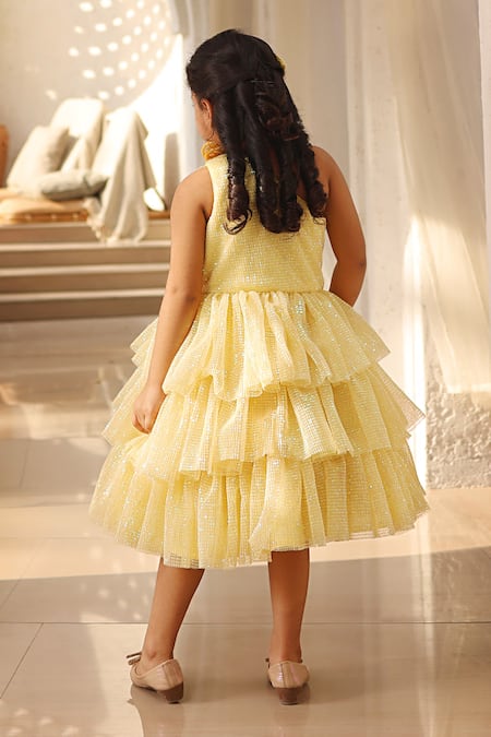 Shop Fayon Kids Yellow Silk Sequins, Fabric Flowers One-shoudler 3d Embellished Frock at Aza Fashions Shop_Fayon Kids_Yellow Silk Sequins, Fabric Flowers One-shoudler 3d Embellished Frock _at_Aza_Fashions