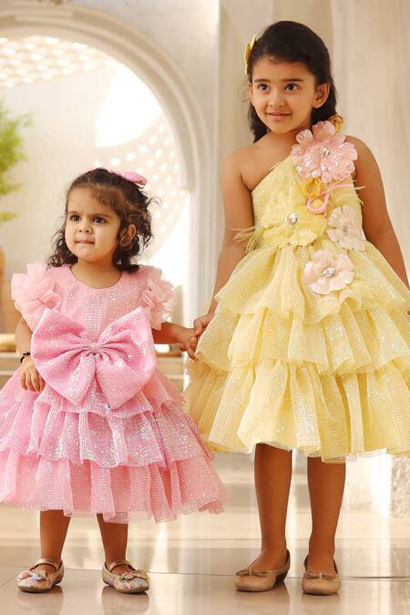 Fayon Kids Yellow Silk Sequins, Fabric Flowers One-shoudler 3d Embellished Frock Online at Aza Fashions Fayon Kids_Yellow Silk Sequins, Fabric Flowers One-shoudler 3d Embellished Frock _Online_at_Aza_Fashions
