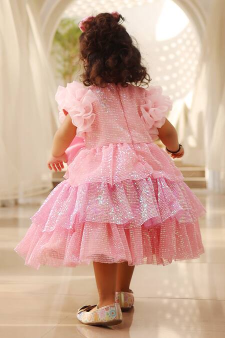 Shop Fayon Kids Pink Satin Bows, Sequins Tiered Frock at Aza Fashions Shop_Fayon Kids_Pink Satin Bows, Sequins Tiered Frock _at_Aza_Fashions