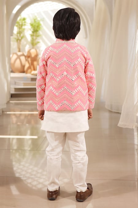 Shop Fayon Kids Pink Georgette, Cotton Mirrors Embroidered Jacket Pant Set at Aza Fashions Shop_Fayon Kids_Pink Georgette, Cotton Mirrors Embroidered Jacket Pant Set _at_Aza_Fashions