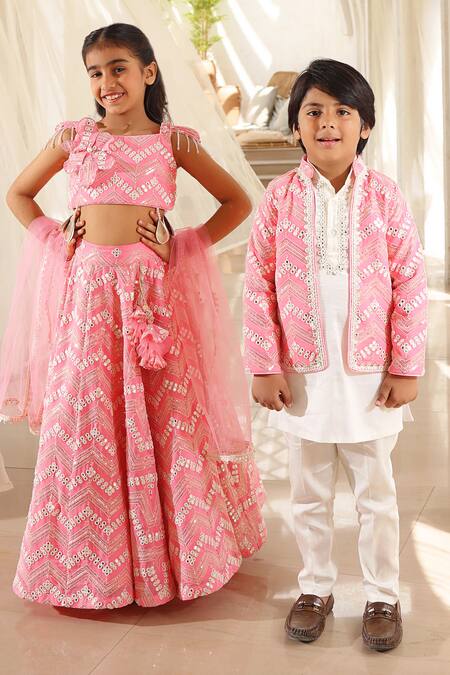 Fayon Kids Pink Georgette, Cotton Mirrors Embroidered Jacket Pant Set Online at Aza Fashions Fayon Kids_Pink Georgette, Cotton Mirrors Embroidered Jacket Pant Set _Online_at_Aza_Fashions