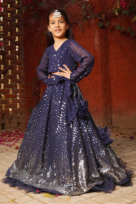 Fayon Kids Blue Georgette Sequins Embroidered Lehenga Set Online at Aza Fashions Fayon Kids_Blue Georgette Sequins Embroidered Lehenga Set _Online_at_Aza_Fashions