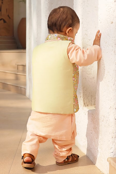 Shop Fayon Kids Peach Georgette, Cotton Mirrors, Embroidery Jacket Pant Set at Aza Fashions Shop_Fayon Kids_Peach Georgette, Cotton Mirrors, Embroidery Jacket Pant Set _at_Aza_Fashions