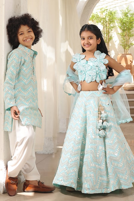 Fayon Kids_Blue Georgette Embroidery Geometric Mirror Kurta And Pant Set _Online_at_Aza_Fashions