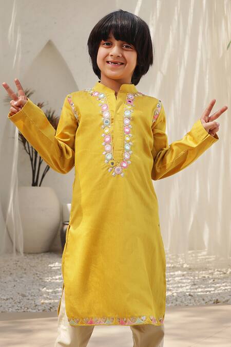 Buy Fayon Kids Yellow Cotton Mirrors Embroidered Kurta And Pant Set Online at Aza Fashions Buy_Fayon Kids_Yellow Cotton Mirrors Embroidered Kurta And Pant Set _Online_at_Aza_Fashions