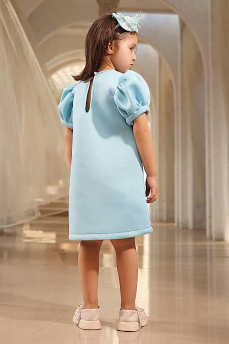 Fayon Kids Blue Neoprene Embroidery, Applique Floral Work Dress Online at Aza Fashions Fayon Kids_Blue Neoprene Embroidery, Applique Floral Work Dress _Online_at_Aza_Fashions