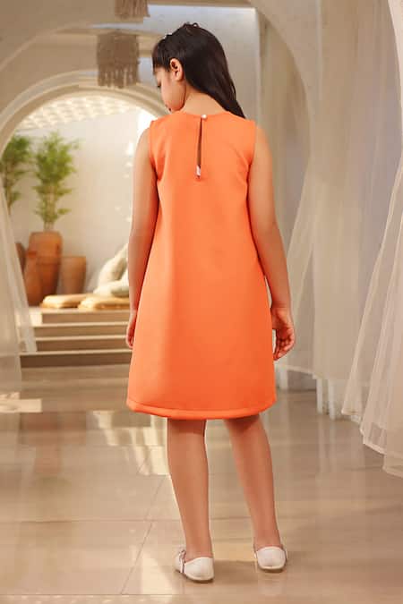 Fayon Kids Orange Neoprene Applique, Sequins Floral Work Dress Online at Aza Fashions Fayon Kids_Orange Neoprene Applique, Sequins Floral Work Dress _Online_at_Aza_Fashions