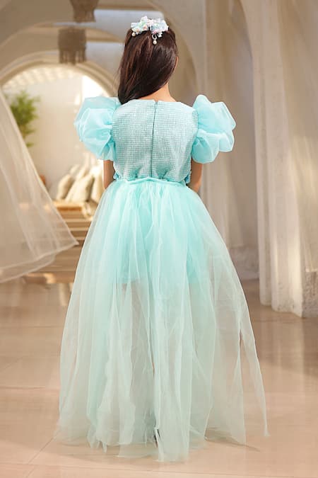 Fayon Kids Blue Net, Silk Organza Embroidery Sequin Jumpsuit With Trail Online at Aza Fashions Fayon Kids_Blue Net, Silk Organza Embroidery Sequin Jumpsuit With Trail _Online_at_Aza_Fashions