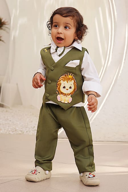 FAYON KIDS Green Glace Cotton Embroidered Lion Motif Waistcoat Pant Set