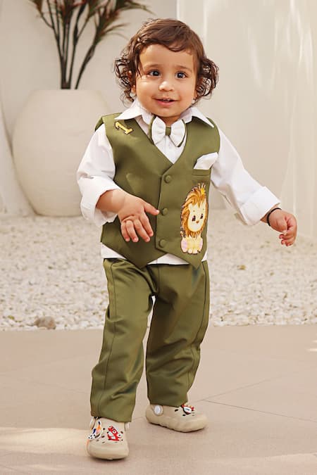 Fayon Kids Green Cotton, Satin Embroidery Lion Motif Waistcoat Pant Set Online at Aza Fashions Fayon Kids_Green Cotton, Satin Embroidery Lion Motif Waistcoat Pant Set _Online_at_Aza_Fashions