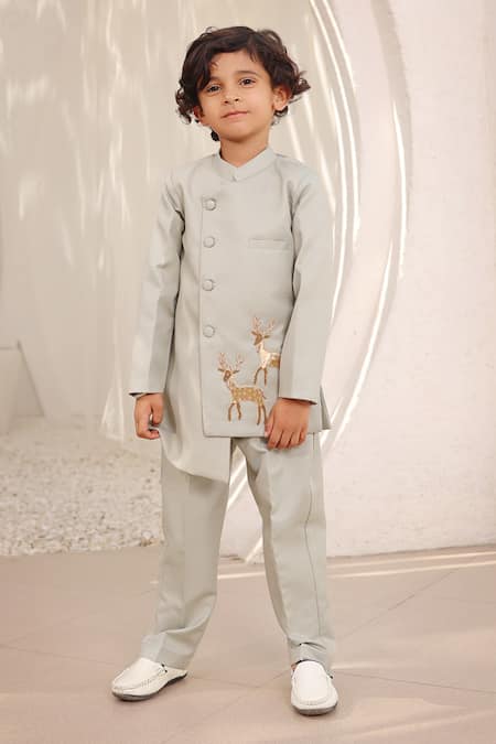 FAYON KIDS Asymmetric Deer Motif Embroidered Bandhgala & Pant Set 