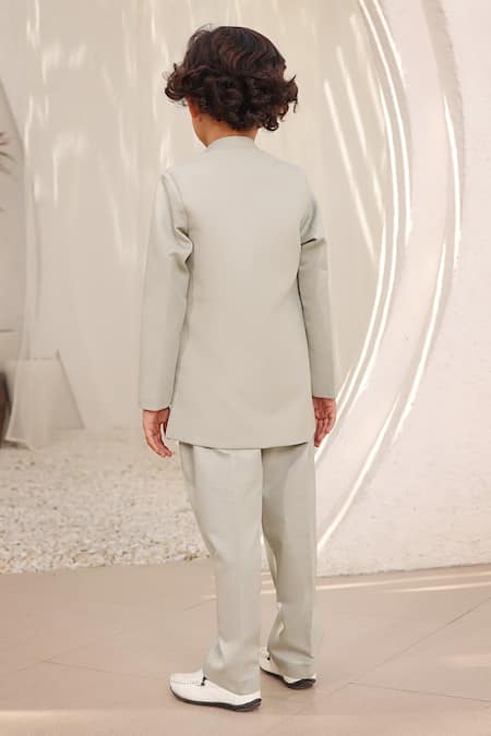 Shop Fayon Kids Green Satin Asymmetric Deer Motif Embroidered Bandhgala And Pant Set at Aza Fashions Shop_Fayon Kids_Green Satin Asymmetric Deer Motif Embroidered Bandhgala And Pant Set _at_Aza_Fashions