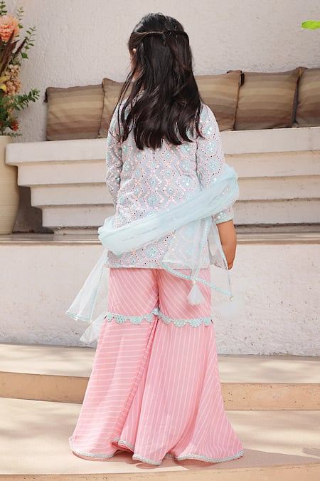Shop_Fayon Kids_Pink Georgette, Net Mirrors, Lace Embroidered Kurta Sharara Set _at_Aza_Fashions