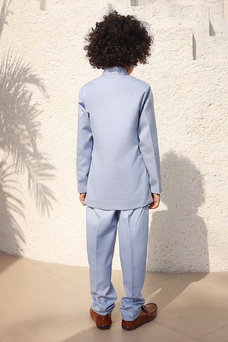 Shop Fayon Kids Blue Satin Embroidery Bird Motif Bandhgala Set at Aza Fashions Shop_Fayon Kids_Blue Satin Embroidery Bird Motif Bandhgala Set _at_Aza_Fashions