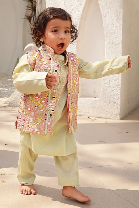 FAYON KIDS Mirror Embroidered Bundi Kurta Set 